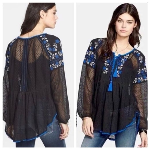 Free People Tops - Free People Shirt Black Mesh Long Sleeve Blue White Embroidery Sheer Siz…